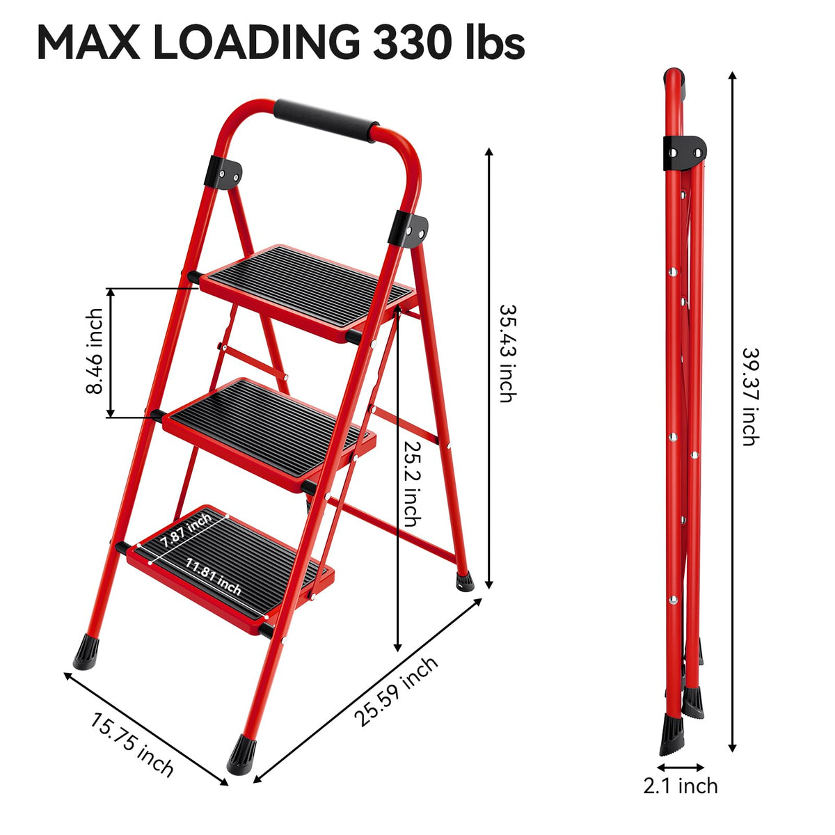 KINGRACK Step Ladder, Folding Ladder with Non-Slip and Wide Pedal, Small Ladder with Handle, Heavy Duty Steel Stool, Lightweight Step Ladder (Red, 3 Step Stool)