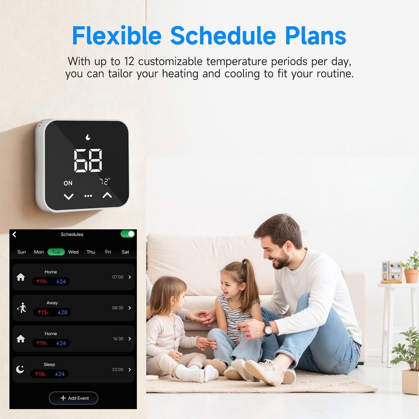 Smart Thermostats for Home, WiFi Thermostats Compatible with Alexa and Google Assistant,7day x 8period Programmable Control Tuya/Smart Life, Energy Saving, C-Wire Require (Black)