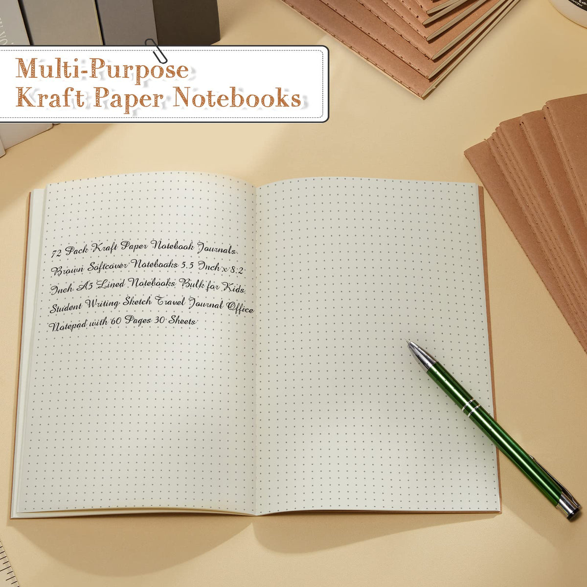 Sabary 72 Pack Kraft Paper Notebook Journals 5.5 Inch x 8.3 Inch A5 Notebook in Bulk Softcover Ruled for Writing Sketch Travel Journal with 60 Pages 30 Sheets(Brown,Dot Grid)