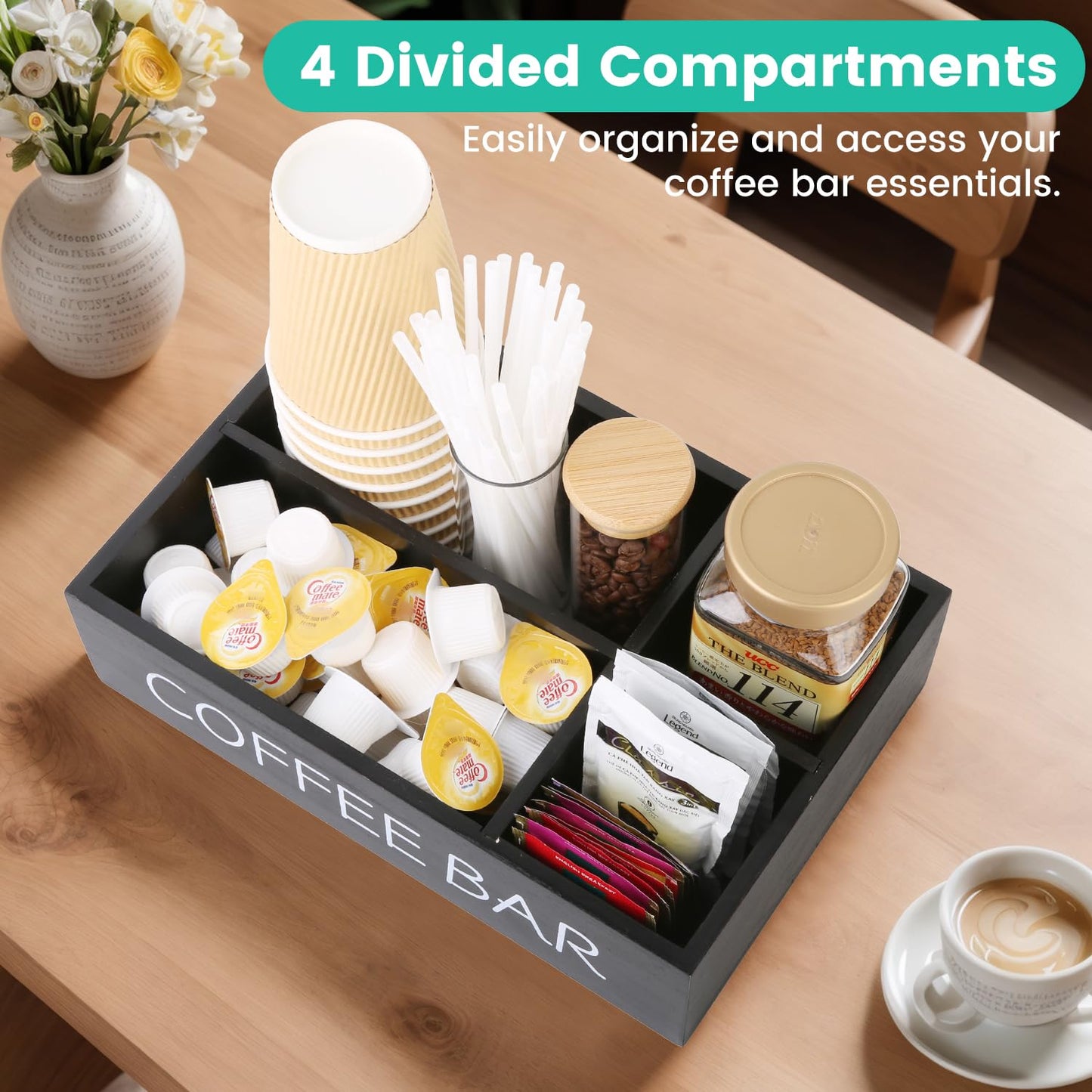 SLLPL Coffee Bar Organizer – Wooden Coffee Station with 4 Compartments, Removable Dividers, and Condiment Storage for Home & Office
