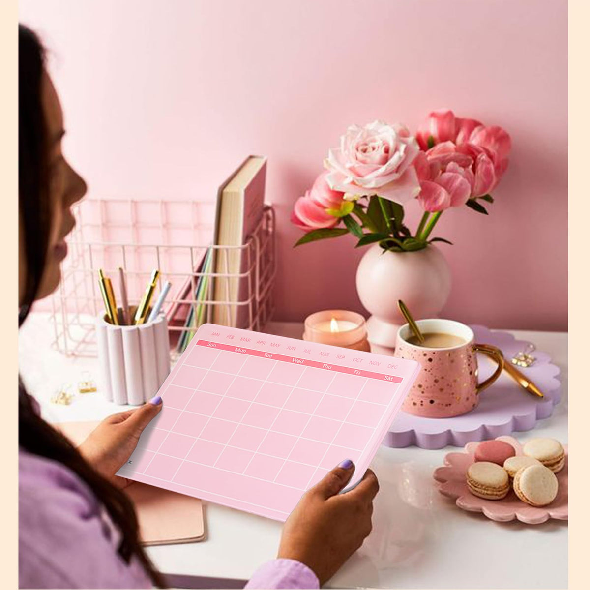 Marribol Calendar Dry Erase Board,12"X10",Acrylic Desk Calendar with Stand,Pink Dry Erase Board for Home Office School