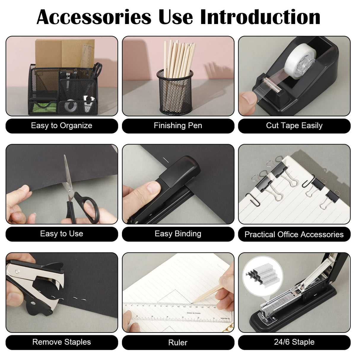 Black Desk Organizer and Accessories, Black Desk Asccessories Office Supply Kit Include Mesh Desktop Organizer Stapler 1000 Staples Tape Dispenser Pen Holder Staple Remover Clips Ruler Scissors