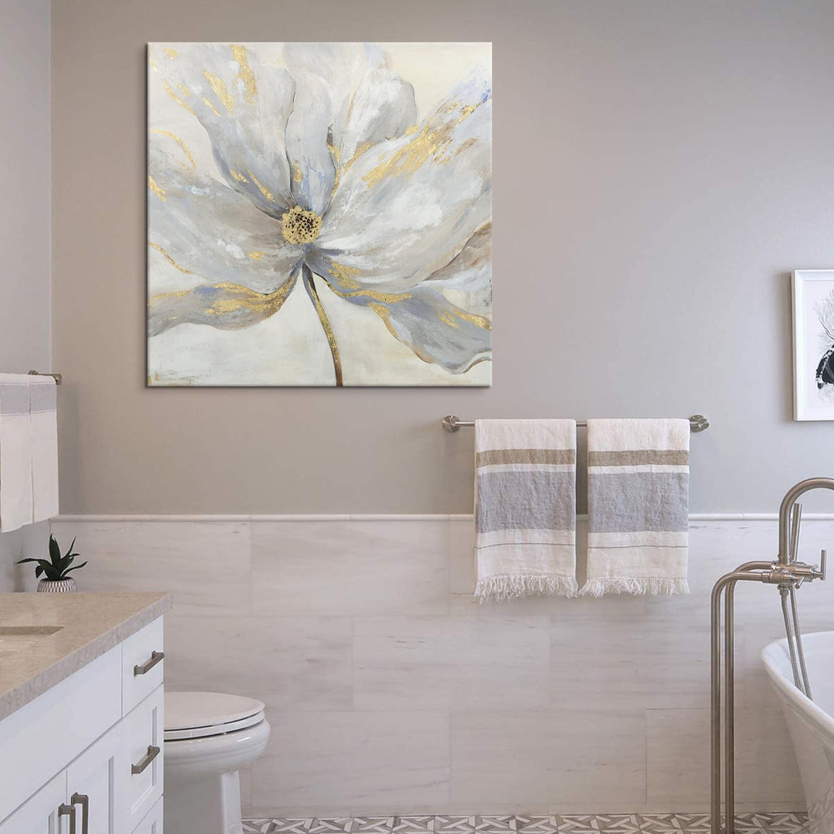 Goldfoilart Floral Wall Art Gold Flower Canvas Pictures with Foil Embellishment Painting Grey Print Framed Artwork for Bedroom Bathroom Living Room Office Wall Decor 24" x 24"