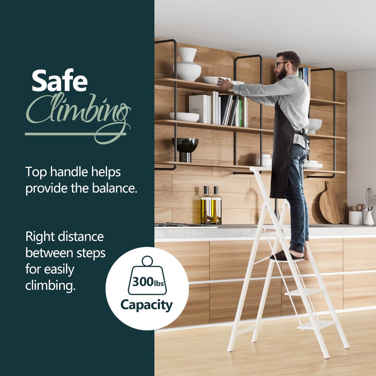 WOA WOA 4 Step Ladder, Ladders for Home, Anti-Slip Aluminum Pedals, Step Stool Foldable, Lightweight to Move, Ease of Storage, Reach 9ft for Closet Kitchen Library, Hold 300lbs - White