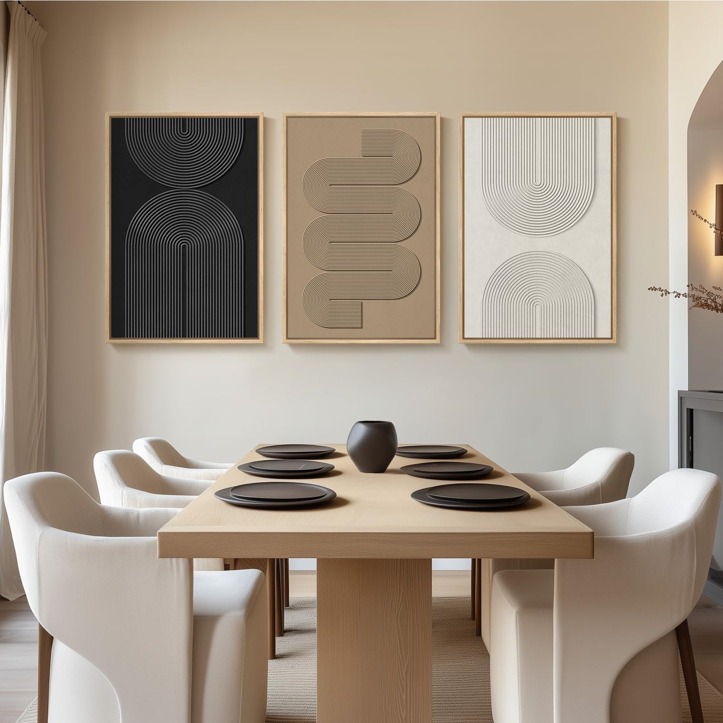 Large 3D Textured Framed Boho Modern Neutral Abstract Wall Art for Living Room, 3 Piece Black White Brown Paintings Artwork for Walls, Geometric Pictures for Office Bedroom Dining Room Decor, 24x36 In
