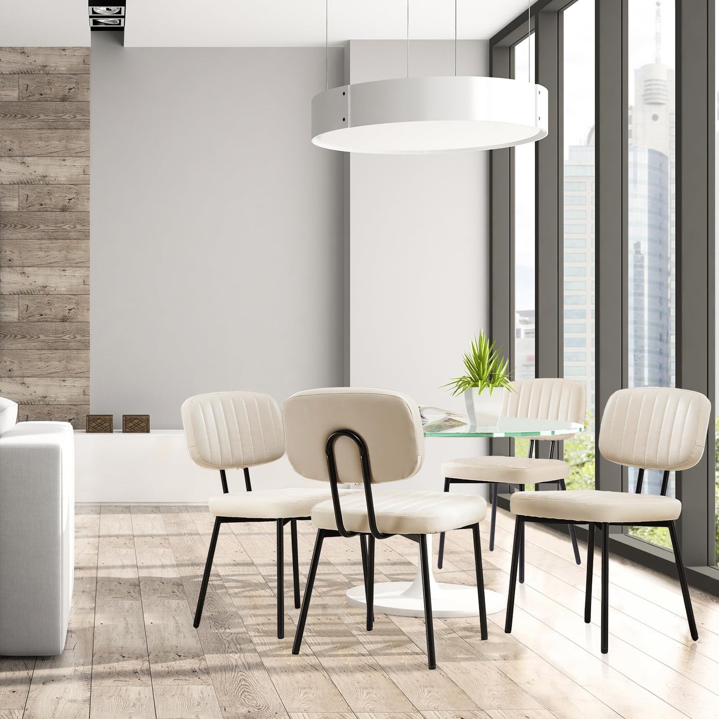 Sweetcrispy Dining Chairs Set of 2, Upholstered Mid Century Modern Kitchen Accent Chairs with Faux Leather Cushion Seat & Metal Legs for Home Office, Living Room-Beige White