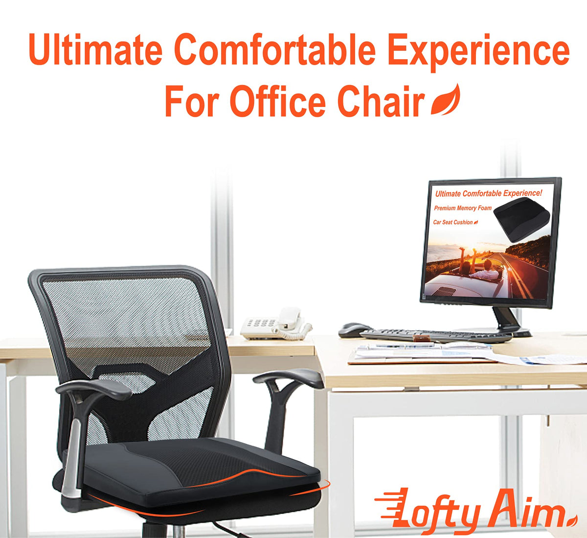 Lofty Aim Car Seat Cushion, Comfort Memory Foam Car Cushions for Driving - Sciatica & Lower Back Pain Relief, Driver Seat Pillow for Auto, Office Chair, Wheelchair - Black