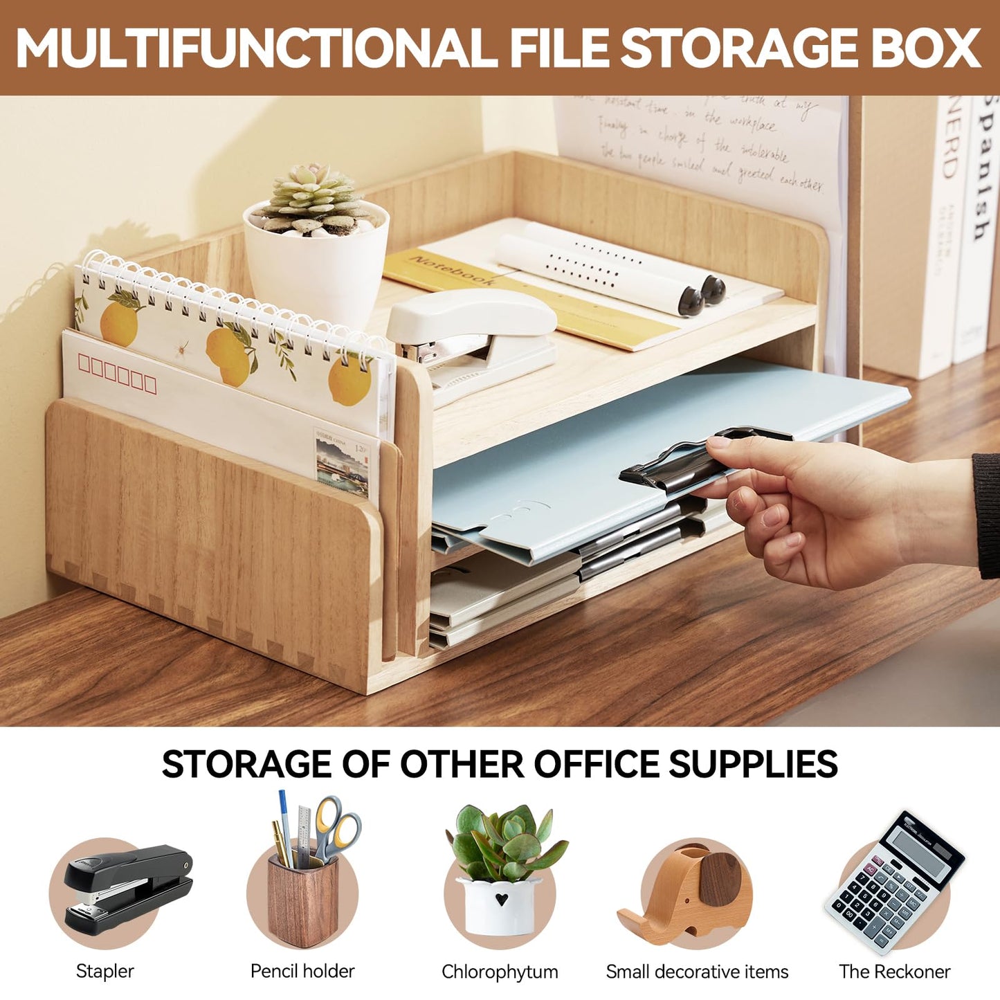 KIRIGEN Wood 3-Tier Office Desktop Document Tray - Mail Sorter Organizer Rack - Wooden Document Letter Stand for Folders, Mail, Stationary, Desk Accessories Natural(2TP-NA)