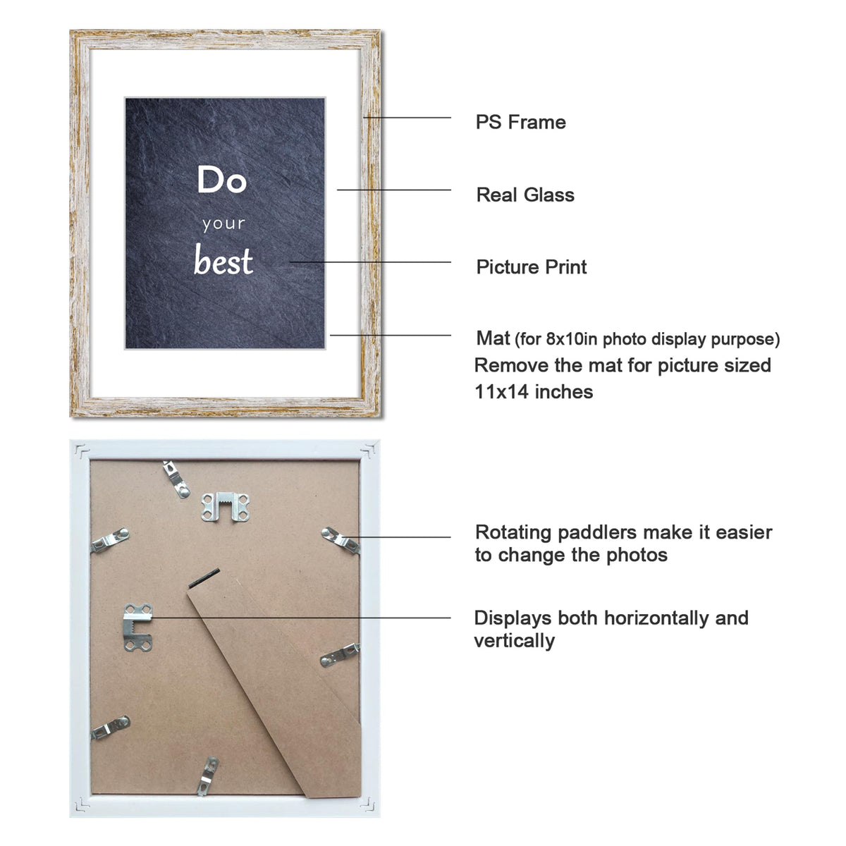 DEKWINN Rustic Distressed Retro Style White Frame 11x14 Picture Frame Set of 3 with Real Glass for Pictures 8x10 with Mat or 11x14 Without Mat, Wall Gallery or Tabletop display