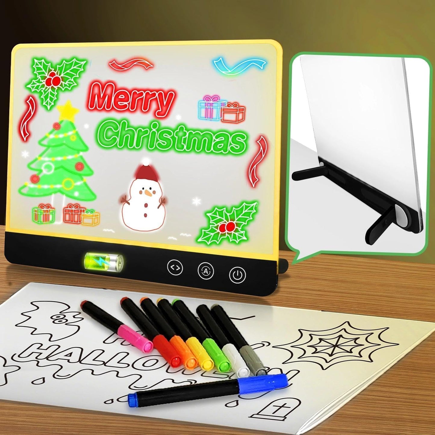 FAZHENWJ Acrylic Dry Erase Board with Light, Rechargeable LED Memo Board with 7 Colors & 4 Flash Modes, 12"x8" Light Up Desktop Message Board with Foldable Stand, Professional Glowing Note Pad