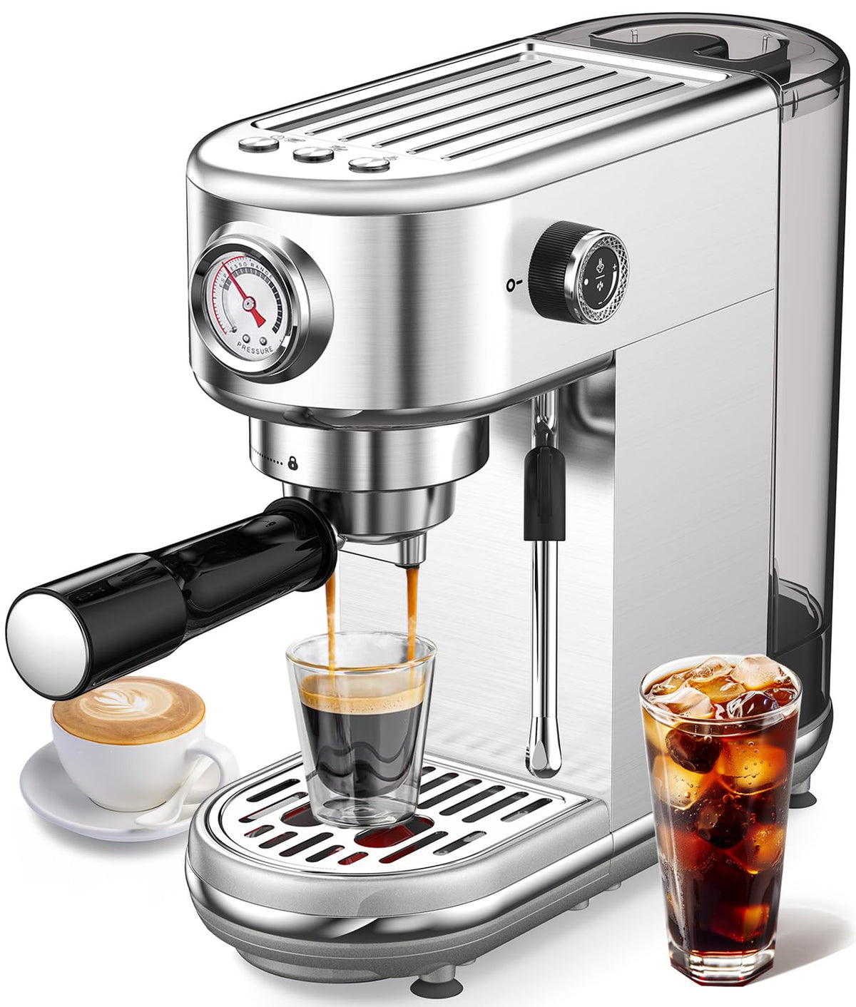 atatix Espresso Machine with Milk Frother, 20 Bar Pressure Espresso Maker, with 44OZ Removable Tank, Compact Stainless Steel Coffee Machine for Home, Office, Latte, Cappuccino, Macchiato, Silver