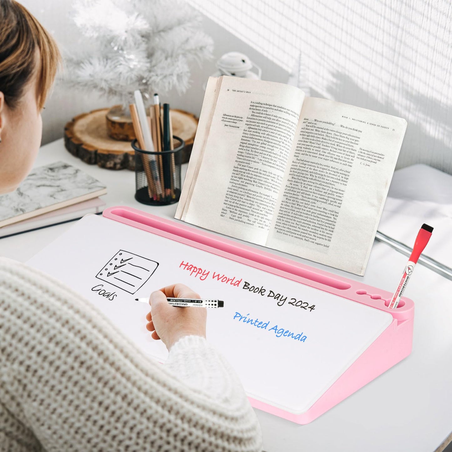 DOLLAR BOSS Glass Desk Whiteboard Small Dry Erase Board Desktop White Board with Storage Drawer Computer Keyboard Stand Desk Organizer Office Accessories School Supplies with 4 Markers 1 Eraser, Pink