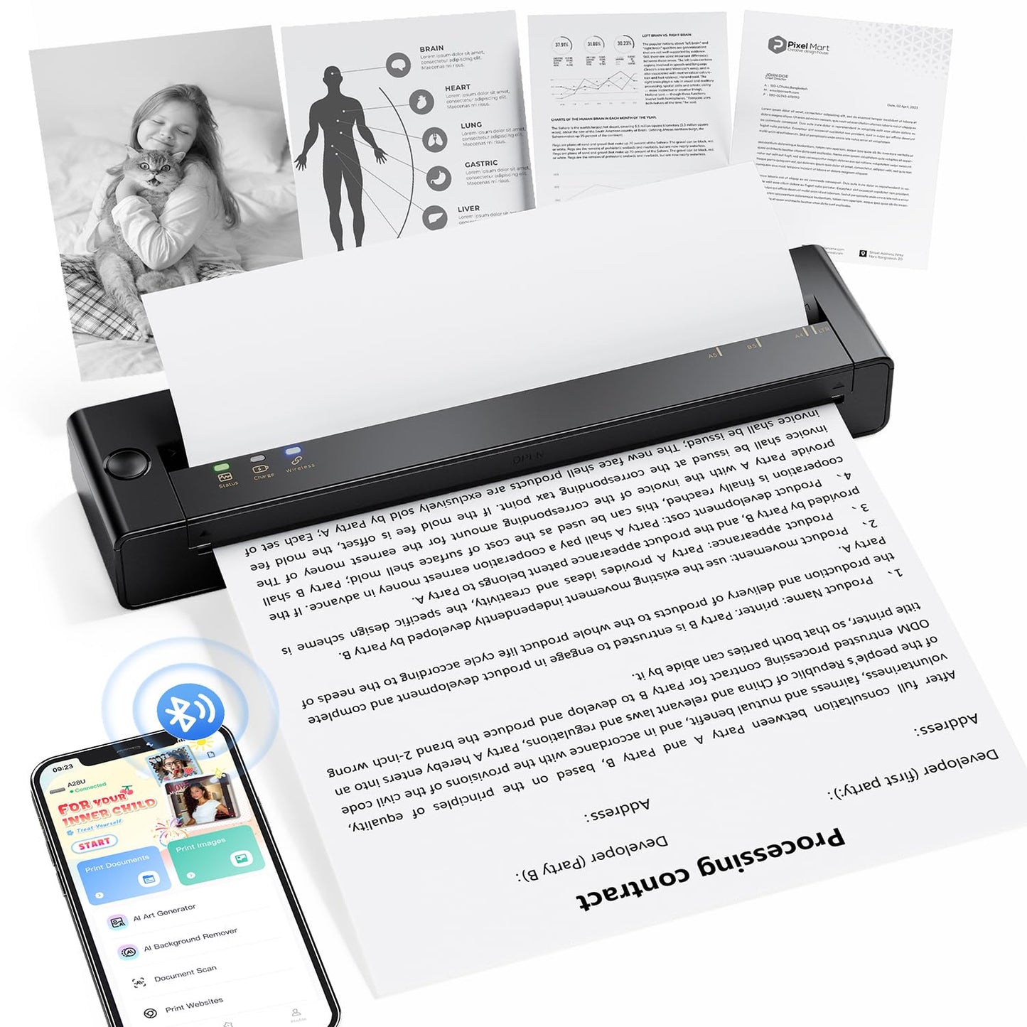 TATTMUSE Inkless Portable Printers Wireless for Travel, Small Thermal Printer Compatible with iPhone Laptop, Bluetooth Mobile Printer for School/Office/Home Use Support 8.5" X 11" Thermal Paper