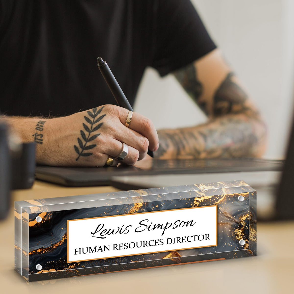 HETOOSHI Desk Name Plate Personalized, Desk Double sided pattern Name Plate Personalized Office Desk Decor for Women and Men , Teacher Nurse Boss Employee Appreciation Gifts (gilded marble, fixed pattern)