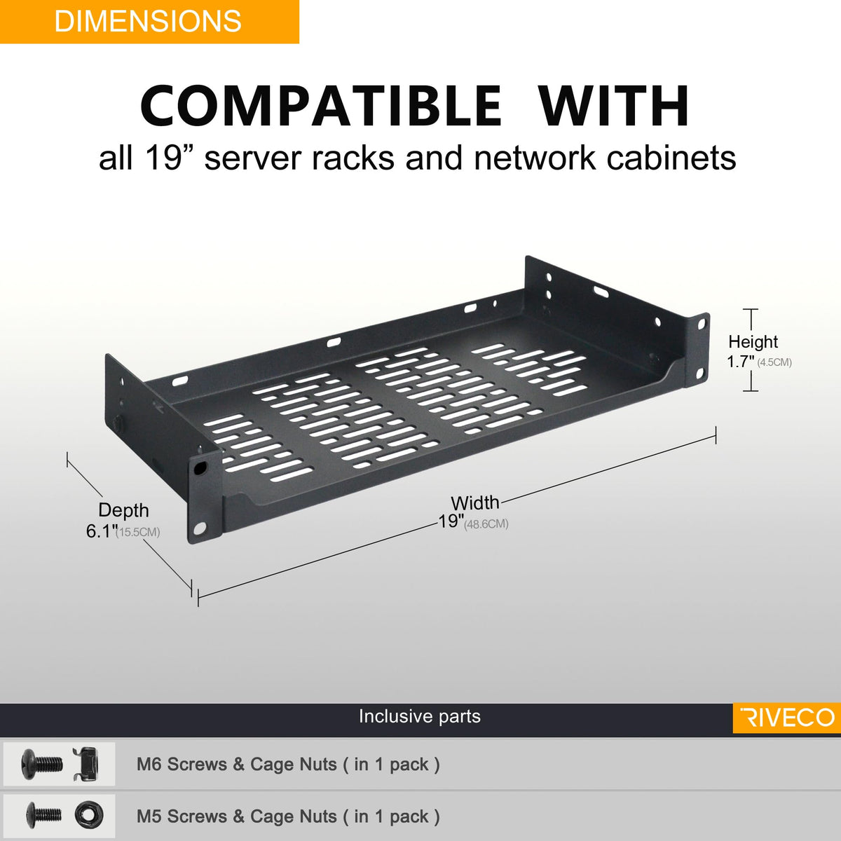 RIVECO 2 PCS 6” Rack Shelves for 19 inches Network Rack & Cabinets, 1U Rack Mount Shelf Vented Cantilever Tray, for Server, IT & Sound Equipment