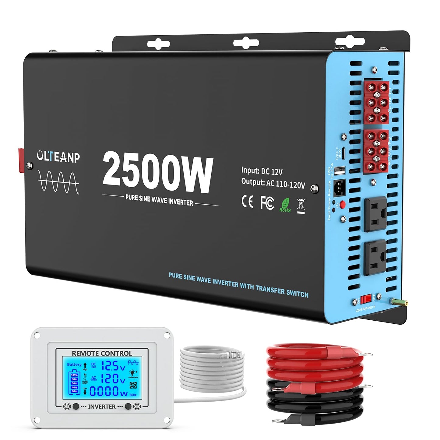 2500W Pure Sine Wave Power Inverter with Transfer Switch, 12V DC to 120V AC Converter, Auto Switch to Shore Power, 5000W Peak, Remote LCD Controller, USB & Type-C for RV, Truck, Off-Grid Use