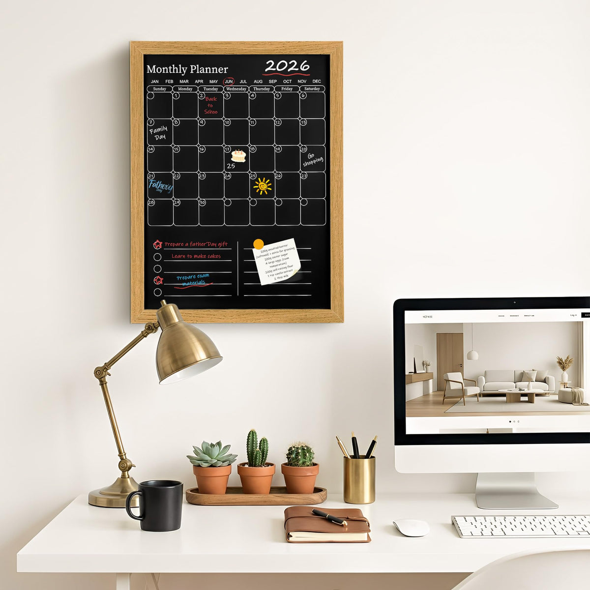 Magnetic Chalkboard Calendar for Wall – 17x13 Monthly Dry Erase Planner with Natural Wood Frame, 2-in-1 Vertical Memo & to-Do Board