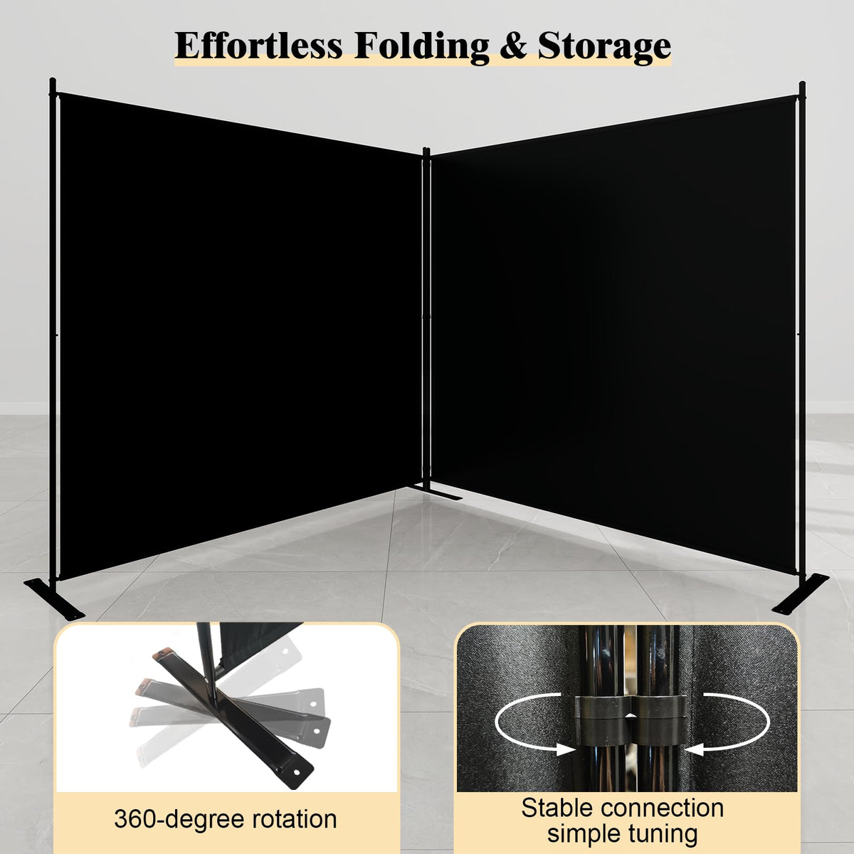 T&Jero 2-Panel Folding Room Divider, 6ft Tall Portable Privacy Screen Wall for Home and Office, Modern Freestanding Partition Separator for Bedroom, Studio, 142" Wide x 71" High, Black