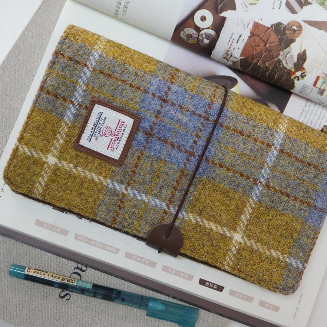 TAILORMAP Harris Tweed Travel Journal, Soft Cover Travelers Notebook - 8.7" x 5.0",Refillable with One Blank Inserts, Standard Size (Yellow Blue Plaid)