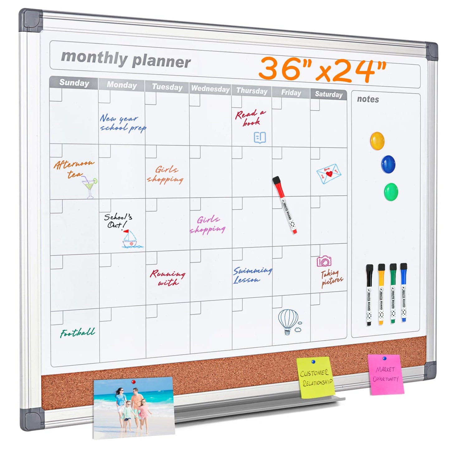 MAKELLO Dry Erase Calendar for Wall 36" x 24", Large Calendar Whiteboard with Cork Board for Office, Home, School, Family, Kitchen and Bedroom, 3' x 2'