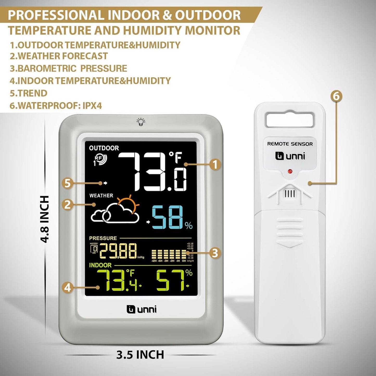 Indoor Outdoor Thermometer Wireless Weather Stations, with 330ft Range Sensor and Adjustable Brightness Inside Outside Temperature Humidity Monitor (Multi)