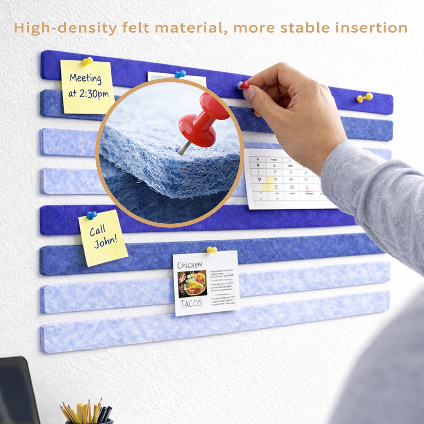 Felt Bulletin Board Strips for Wall 16 Pack 13"x2" - Felt Pinboard Strips with 70 Push Pins and 200 Sticky Notes, Adhesive Cork Board Alternative for Office, Dorm, Photos, Notes (Mix Blue)