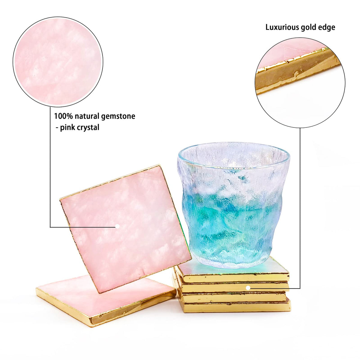 Rose Quartz Decor Coaster, Natural Pink Crystal Coasters Gold Edge Set of 4 (Square 3.5''-4)