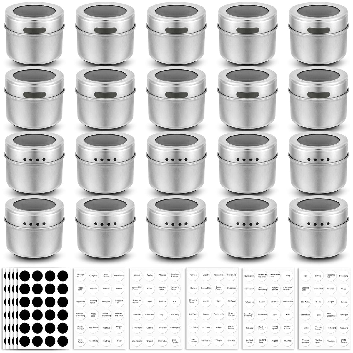 Bekith 20 Pack Magnetic Spice Jars, Magnetic Spice Containers for Refrigerator, Seasoning Tins with Clear Top Lid, 240 PVC Spice Label Set
