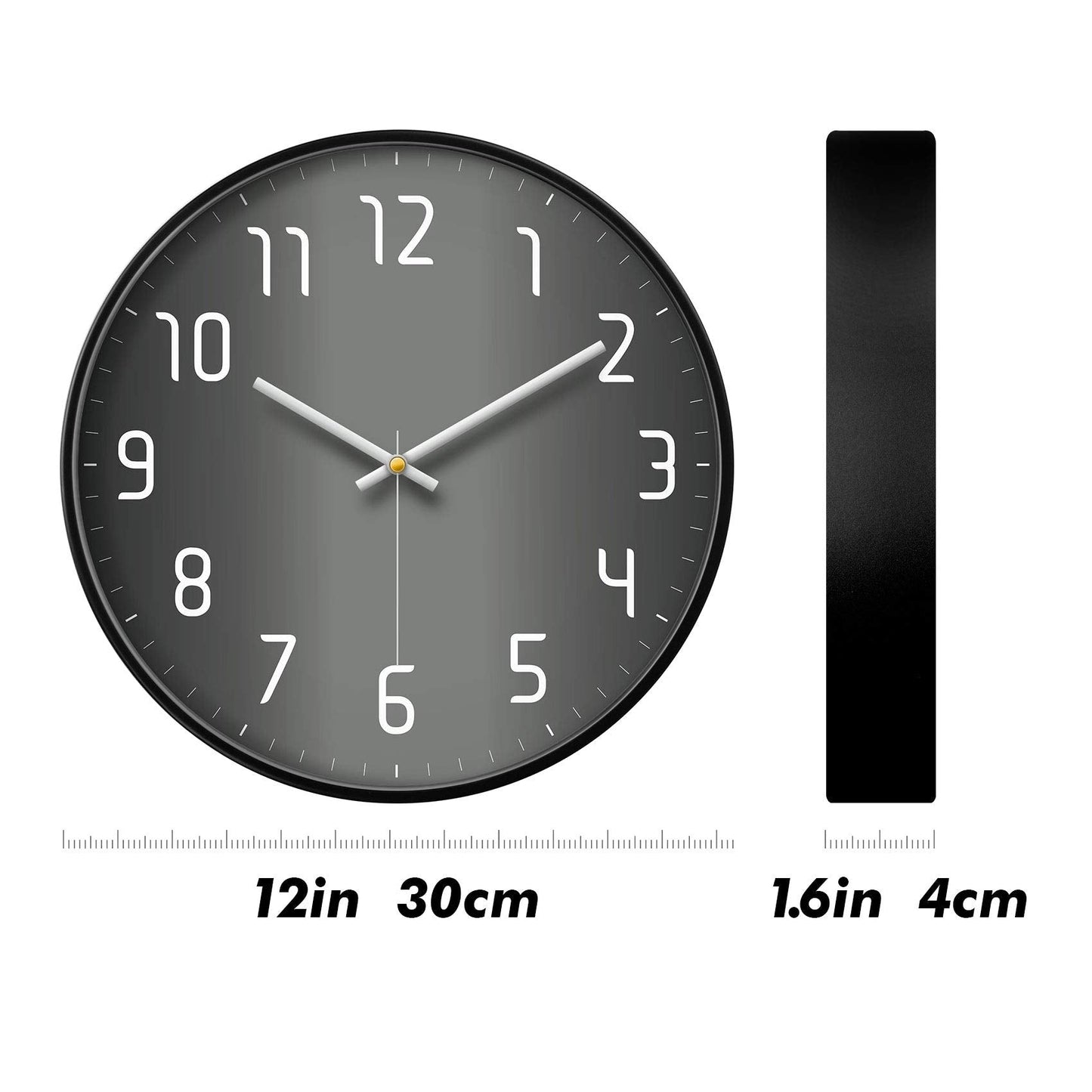SCOAGE 12'' Modern Minimalist Black & Grey Wall Clock, Silent Non-Ticking Battery Operated Analog Clock with Easy to Read Large Numbers for Home Office, Bedroom, Kitchen, Living Room Decor