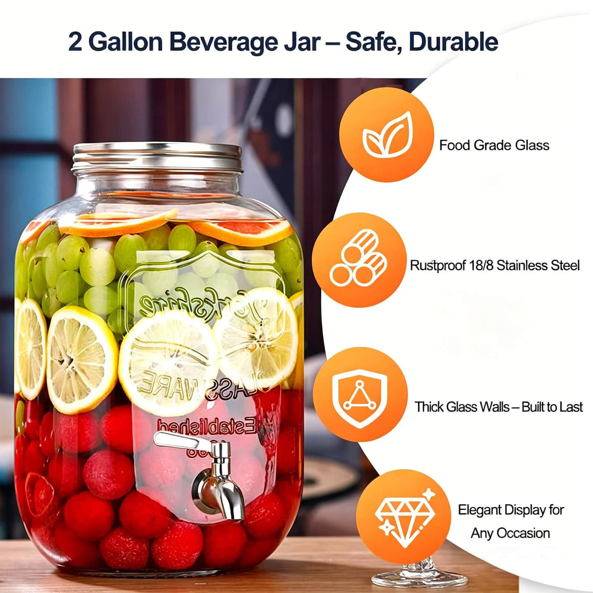 2 Gallon Drink Dispensers for Parties, 2 Pack Glass Beverage Dispenser with Stand & 18/8 Stainless Steel Spigot, Lemonade Jug for Wedding, Picnic, BBQ