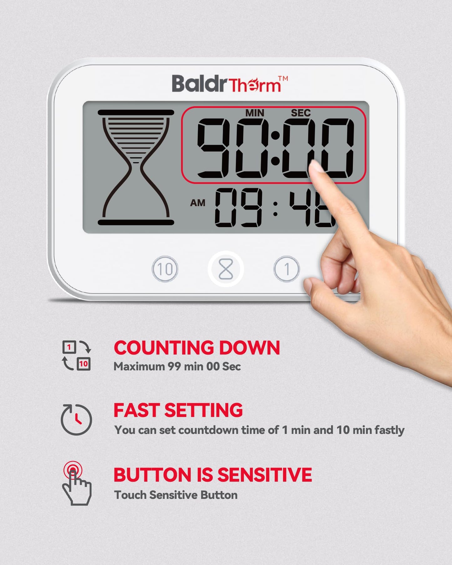 Baldrtherm Digital Timer, Works as a Countdown Timer, Real-time Clock, Hygrometer Thermometer. IP67 Waterproof Safe for Kitchen Bathroom Use. (White)