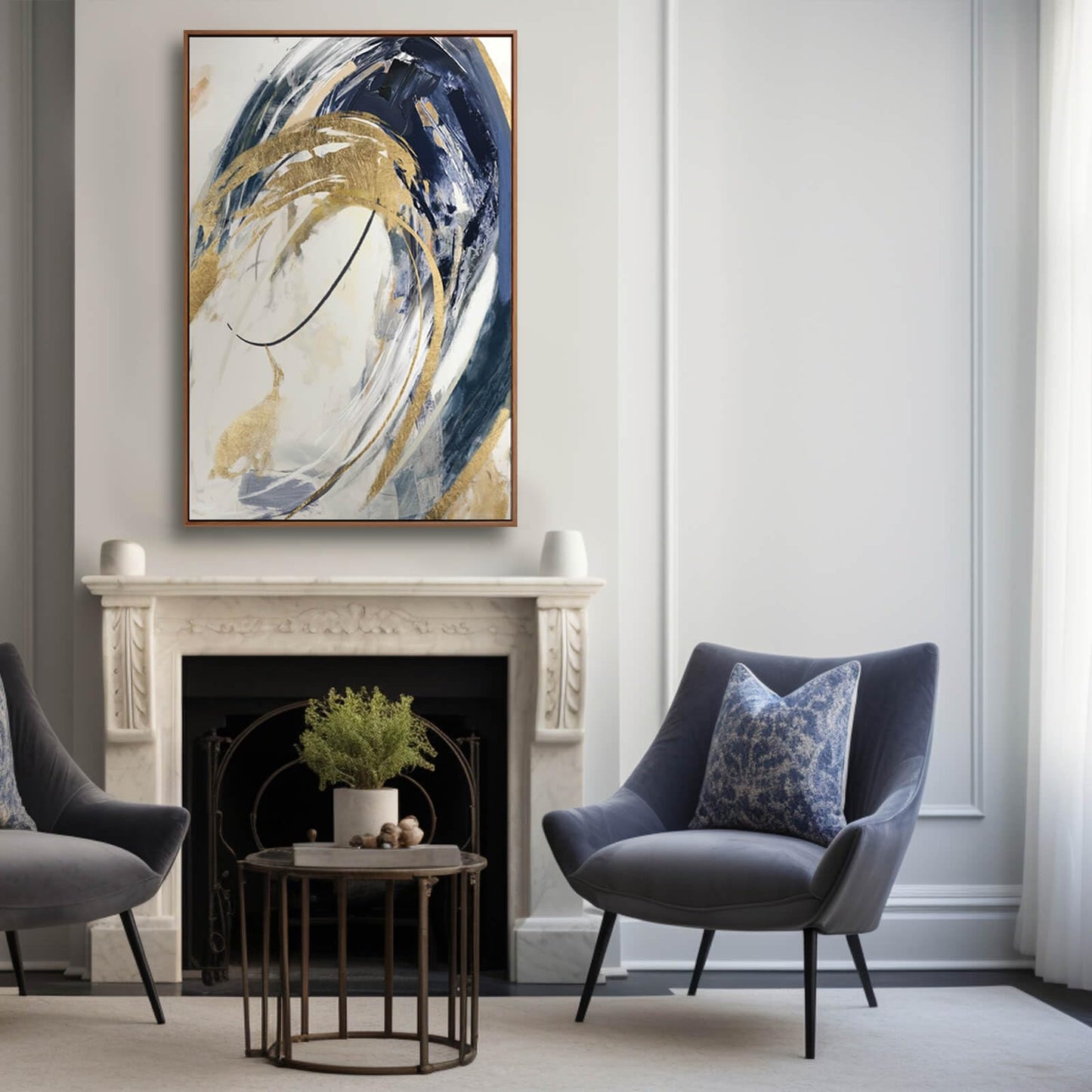 SDYA Gold Wall Decor Living Room Abstract Wall Art Blue Paintings Bedroom Aesthetic Frame Wall Decorations Large Artwork for Home Office 24x36 Inch
