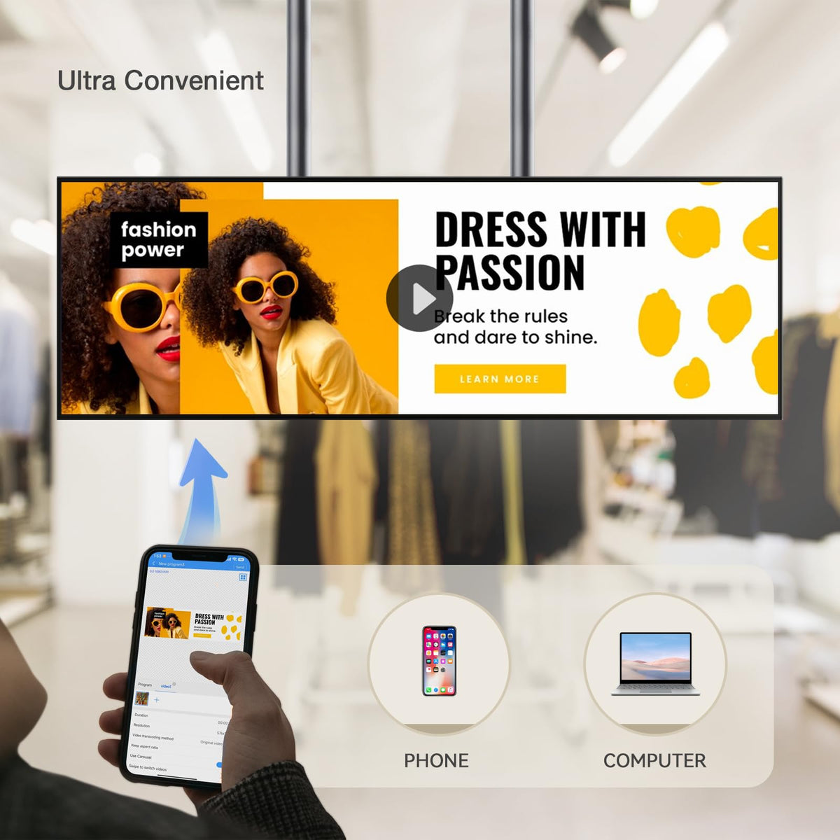 Canlarriz 43" Ultra-Wide Commercial Bar Monitor – Slim 1.02", Frameless Design, 1000nits Brightness, Android OS, USB/HDMI/WiFi, Ideal for Digital Menus, Remote Multi-Device Management