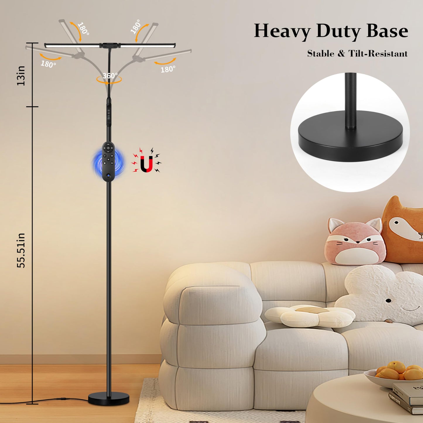 JhauvMw Dual Head LED Floor Lamp 18W, 3 Color Modes 10 Brightness, Pole Controller & Magnetic Remote, Adjustable Gooseneck, Built-in Wire, USB Eye-Caring Lamp for Living Room, Reading, Office