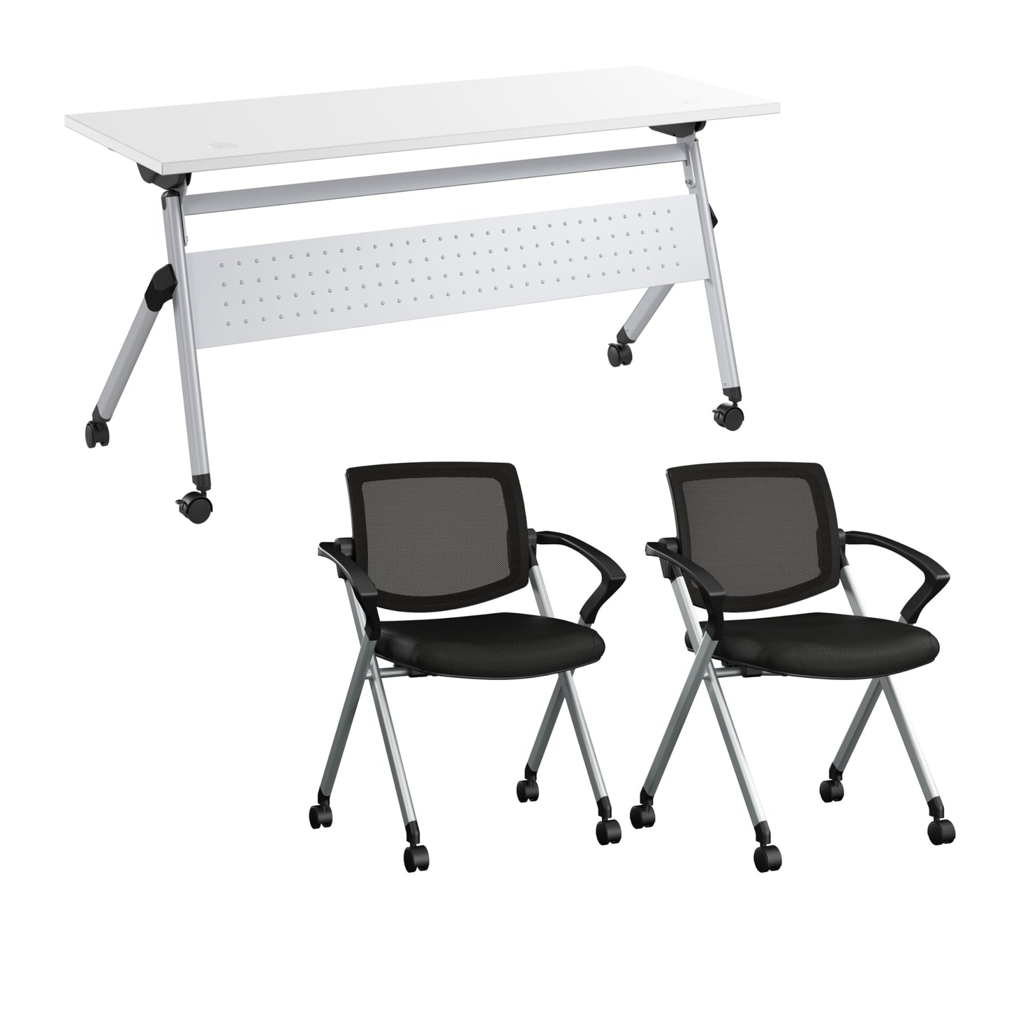 Bush Business Furniture Folding Training Table Set for 2, 60 inch, 2 Mesh Back Folding Chairs with Arms, Commercial-Grade Bundle for Office or Classroom, Envision Collection, White