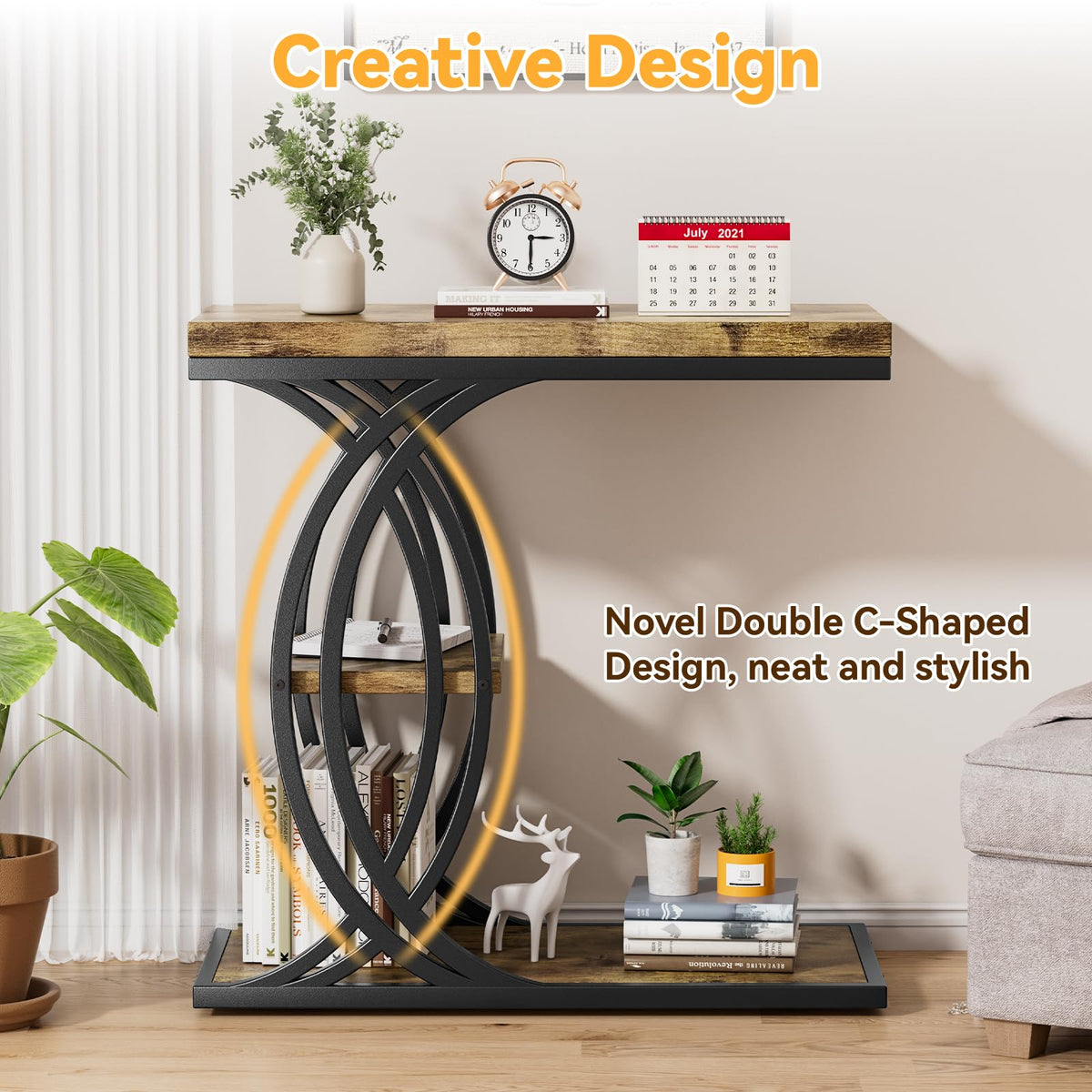 FJLHOHG C Shaped End Table, Bed Side Table, 3-Tier Side Table with Metal Frame, Wood End Table with Storage for Living Room, Couch, Sofa, Bedroom, Easy Assembly, 23.6" D*11.8" W*23.6" H, Rustic Brown