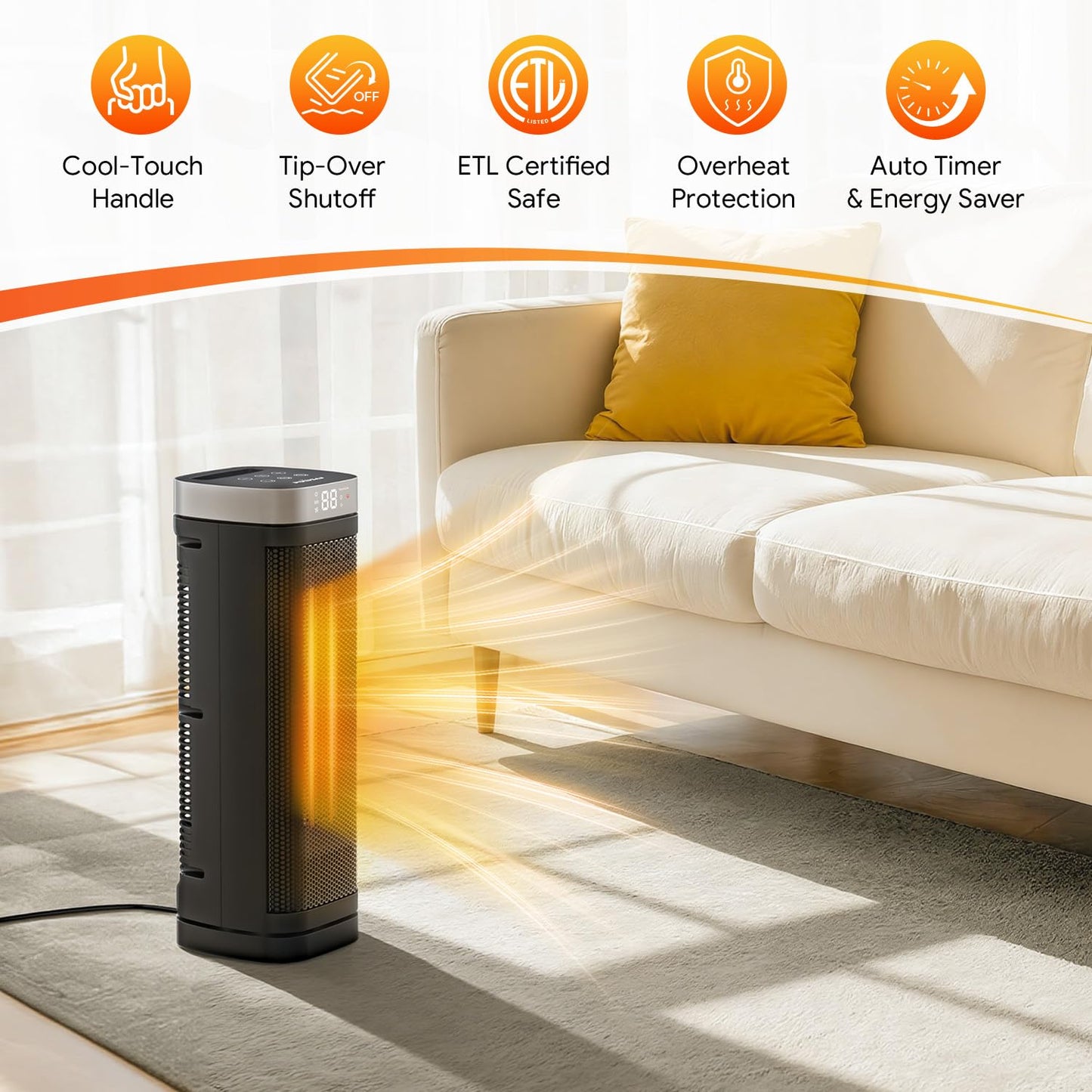 17 Inches Space Heater, 1500W Electric Heaters for Indoor Use with Thermostat, 70° Oscillation, 5 Modes, Remote, 12H Timer, Quiet Portable Heater for Office, Bedroom, Large Room
