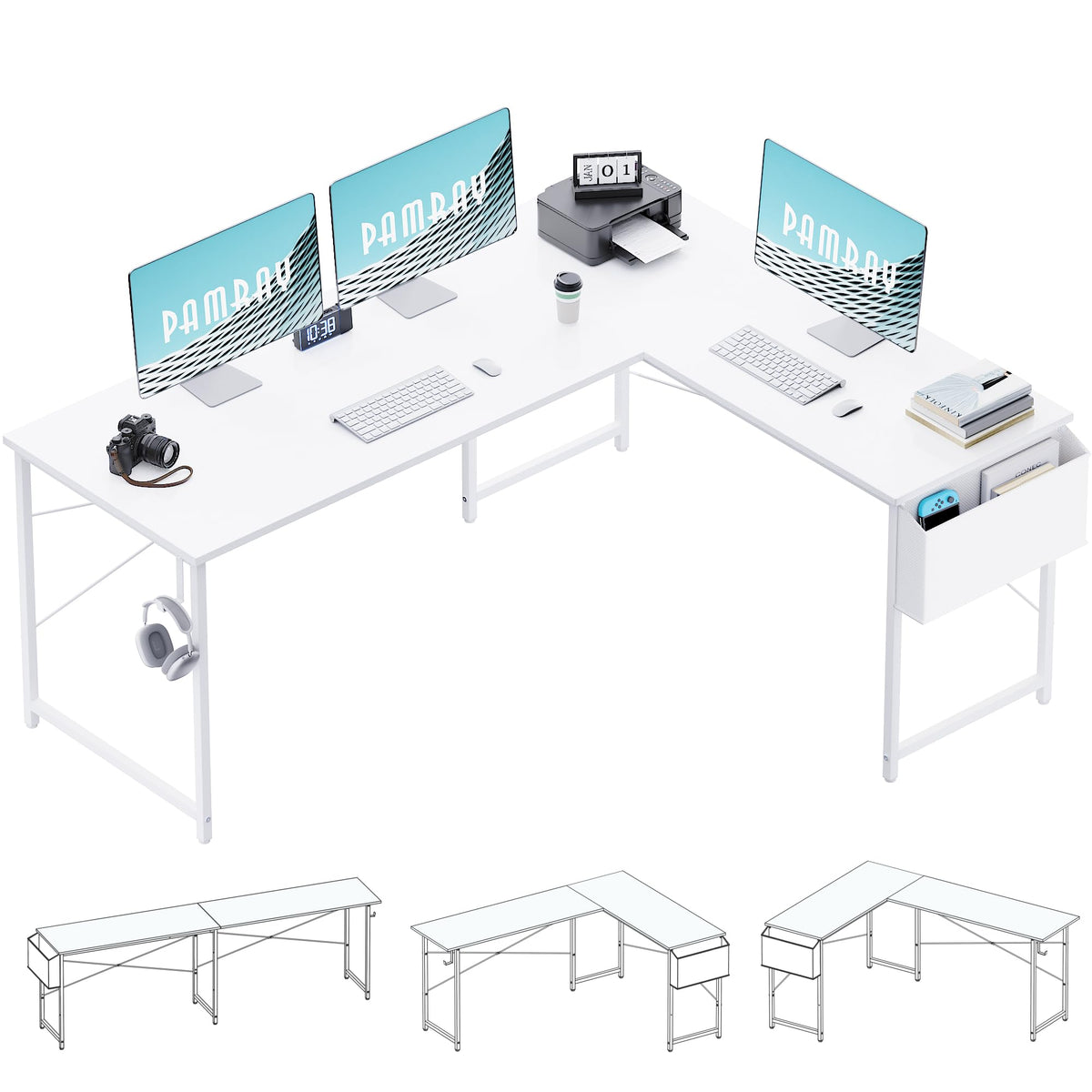 Pamray 64.5 Inch Reversible L Shaped Gaming Desk Large Corner Computer Desk with Storage Bag Home Office Table for Writing Study White