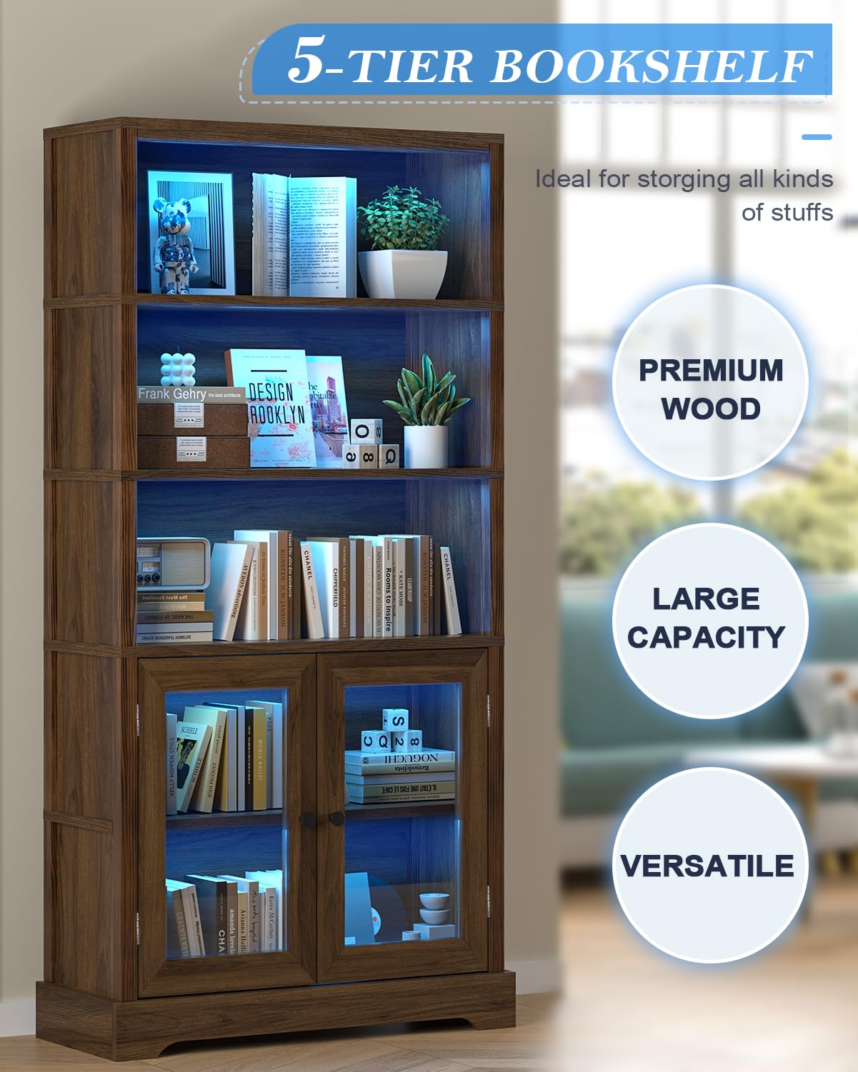 TVU 5-Tier Bookshelf, 65" Bookshelf with Multi-Color Ambient Lights (APP Remote Control), Tall Display Shelf with Cabinet Doors, Suitable for Living Room, Bedroom, Study, Office, Rustic Brown
