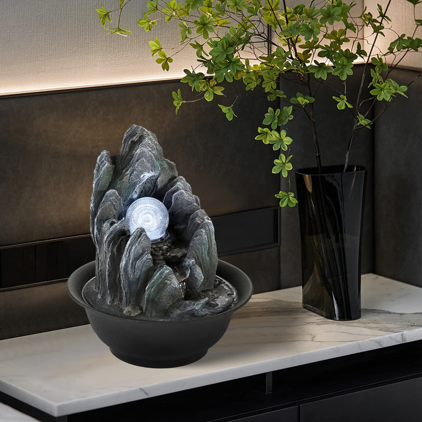 WICHEMI Water Fountains Indoor Waterfall Fountain Tabletop Fountain with LED Rolling Ball Stacked Rocks Indoor Water Feature Zen Meditation for Home and Office Indoor Spaces Decor (Style 19)