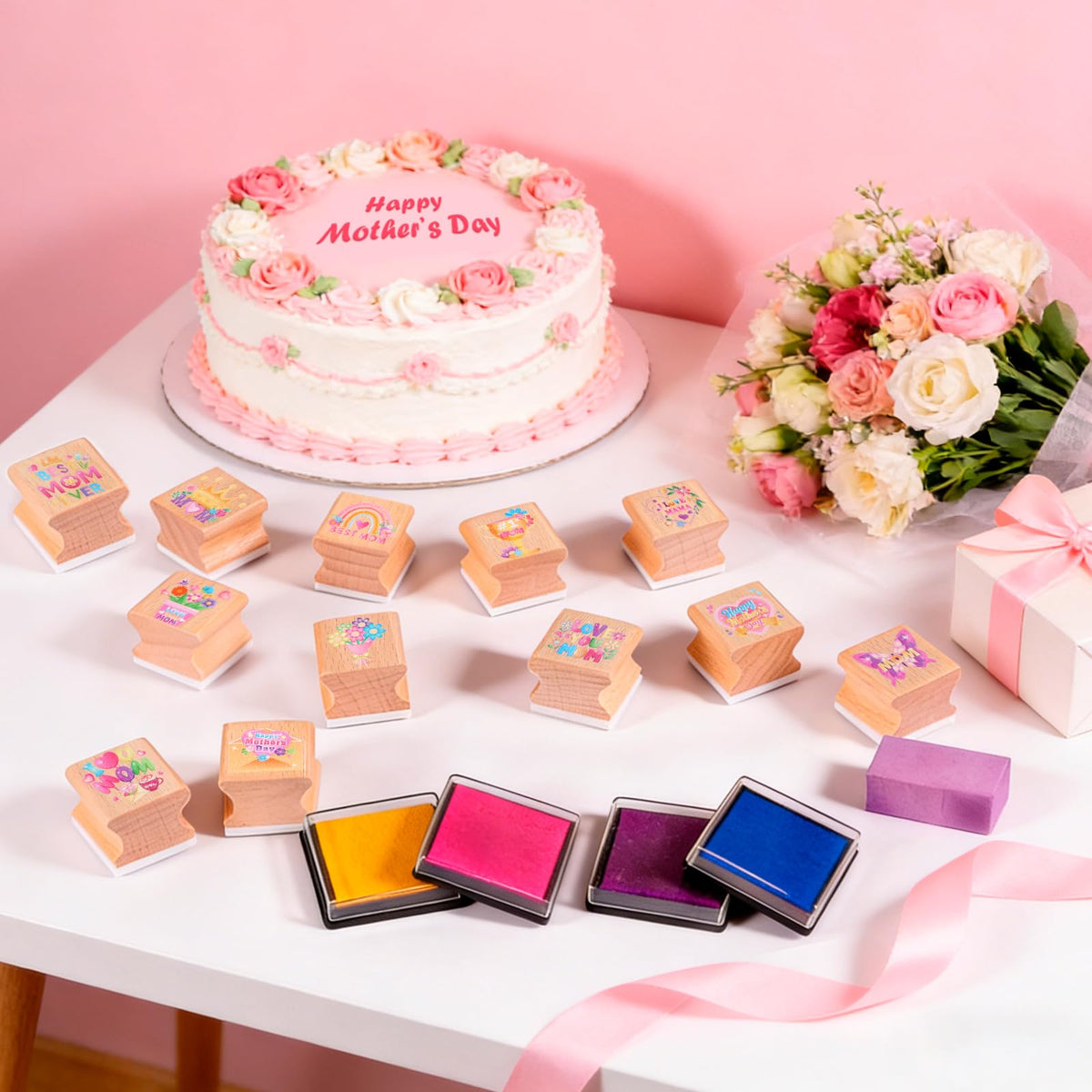 HOWAF 12pcs Mother's Day Wooden Stamps, Happy Mother's Day Rubber Stamps for Crafting, Best Mom Craft Inking Stamp Pads Set for Crafting and DIY Scrapbooking Card Making Hand Book
