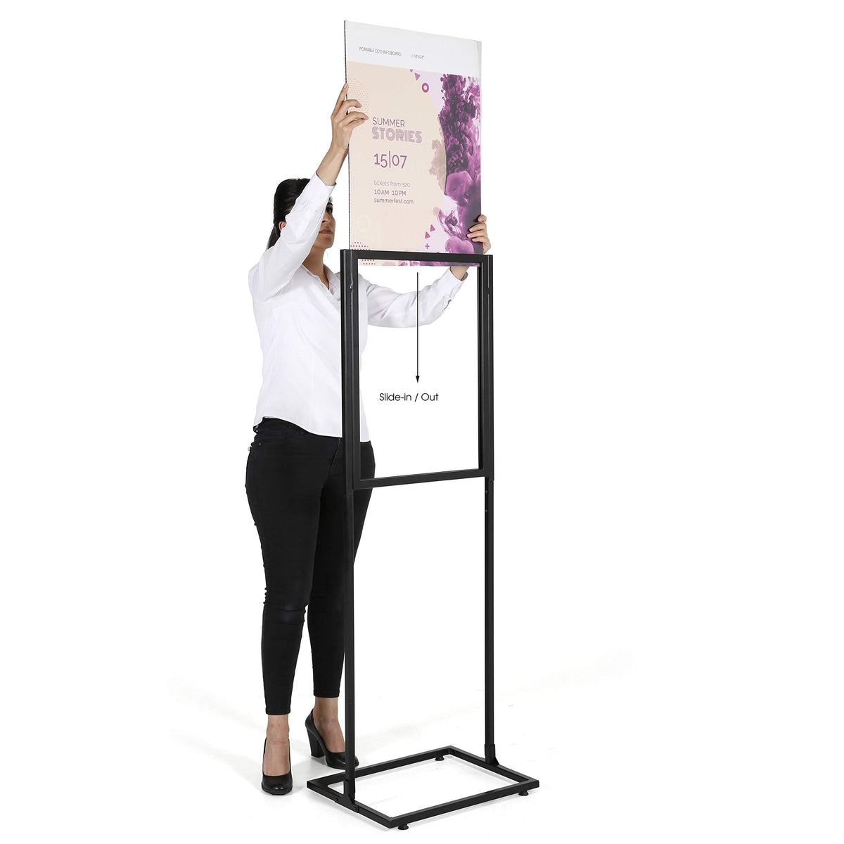 M&T Displays Metal Eco Info Board, Black 24x36 Inches Slide-In Poster Sign Holder 1 Tier Double Sided Floor Standing Pedestal Advertising Display with Backing and Anti-Glare PET Cover