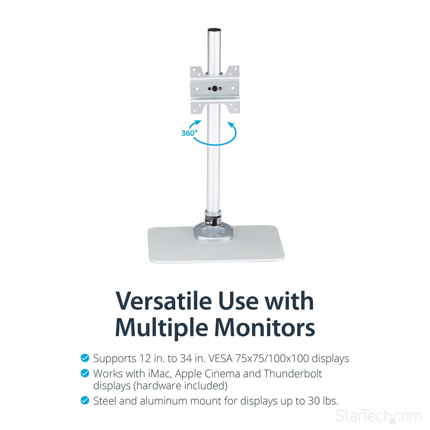 StarTech.com Single Monitor Stand, Adjustable, Supports UHD, iMac and Apple Thunderbolt Displays from 12'' to 34" (30.9lb/14kg), Premium Single Screen VESA Monitor Mount Stand, Silver, TAA