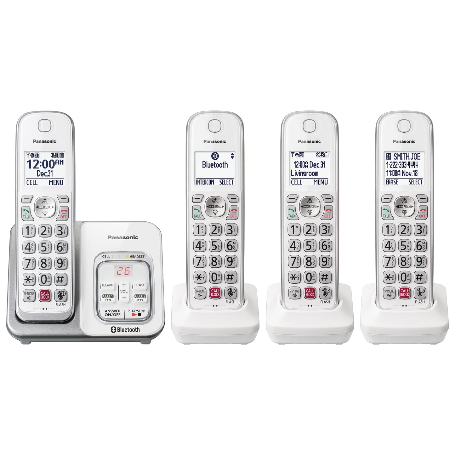 Panasonic Cordless Phone with Answering Machine, Link2Cell Bluetooth Home Phones, Voice Assistant and Advanced Call Blocking, Expandable System with 4 Handsets - KX-TGD864W (White)