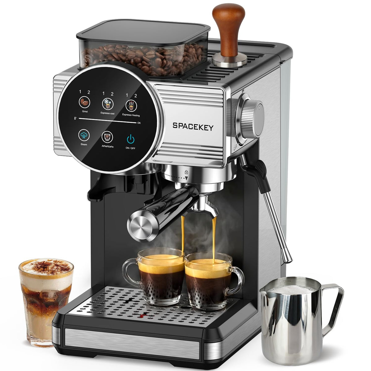 Spacekey Espresso Machine with Grinder - 20 Bar All-in-One Coffee Maker with Milk Steam Wand/Frother, Cold Brew, 30 Grind Settings, 60oz Removable Tank - Home Barista Kit for Lattes, Cappuccinos