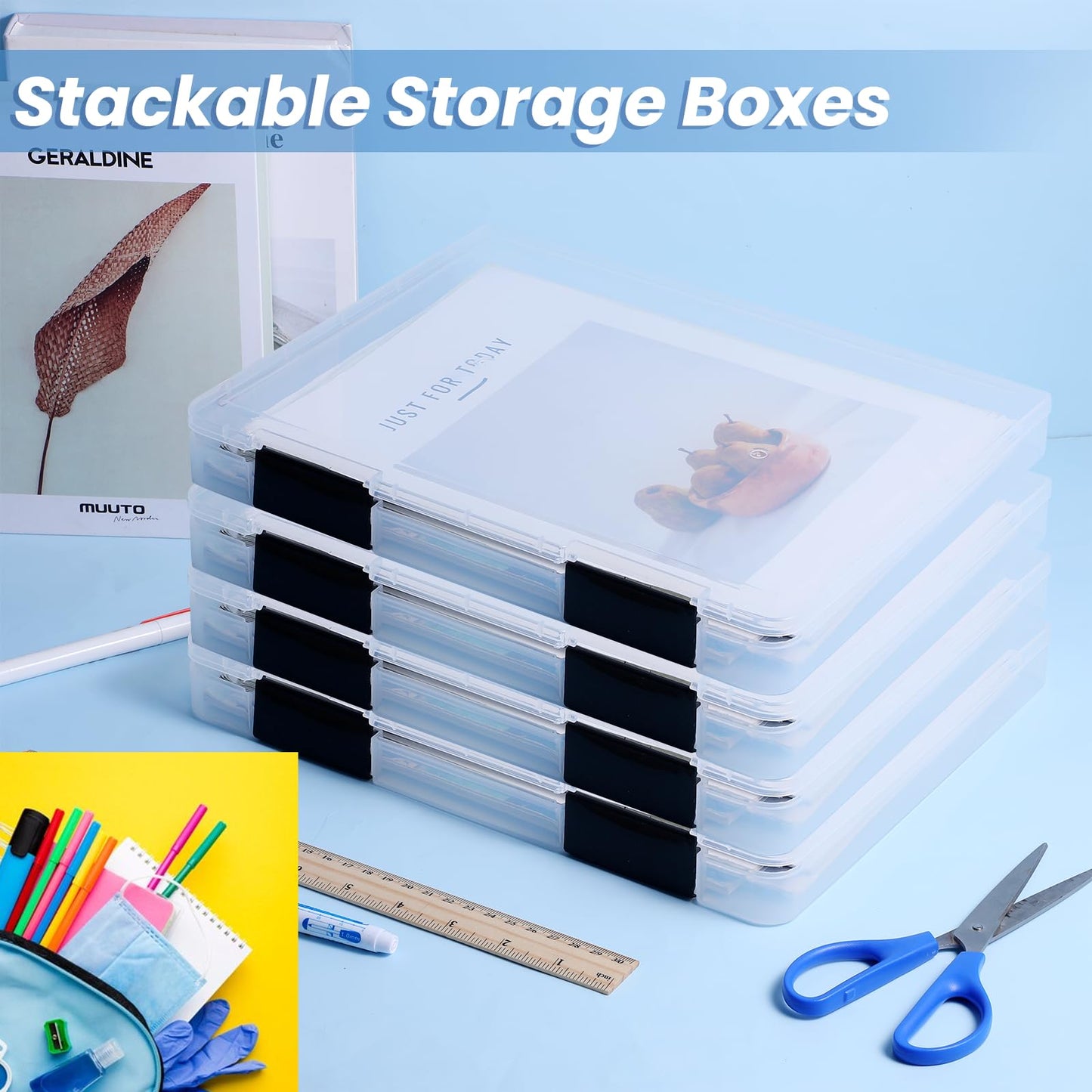 Lemecima 6 Pcs Clear A4 File Box Document Plastic Storage Box Paper Plastic Case Board Game Storage Containers Magazine Protector File Holder with Buckle (Black,12.4 x 9.84 x 1.18 Inches)
