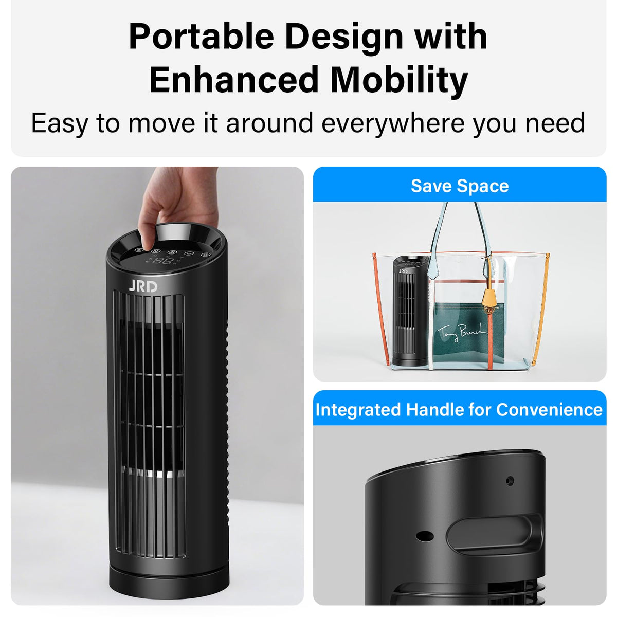 JRD 13'' Tower Fan for Bedroom, Quiet Cooling Desk Fan with Remote, 80° Oscillating, 3 Speed, 4 Mode, 12h Timer, Digital Touch Screen, Portable, Safe Bladeless Table Fan for Home Desktop Office