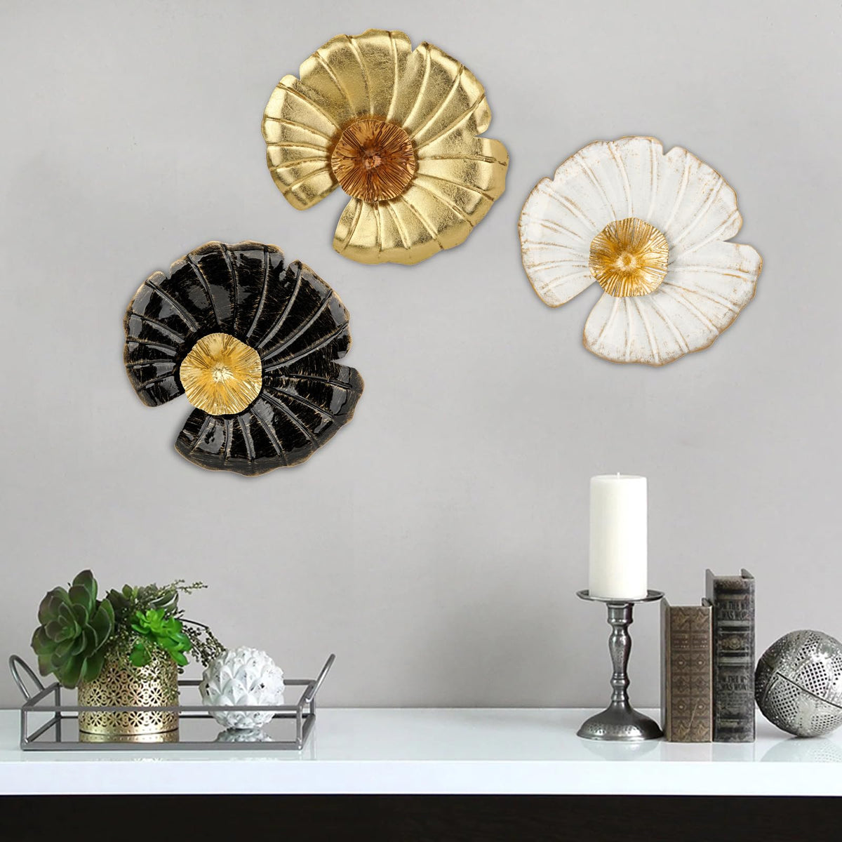 11.8" Metal Wall Decor Art, 3 Pcs White Gold and Black Wall Accent Art Decor Wall Sculptures, Rustic Wall Hanging Decorations for Home Bathroom Office Dining Room Bedroom Living Room Blue Kitchen Wall Decor