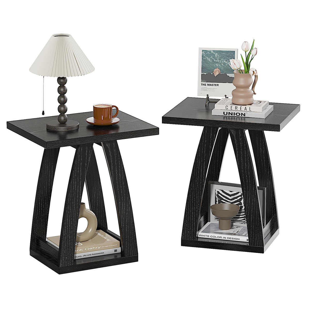 FROMJBEST End Tables Living Room, Side Table Beside Sofa, Nightstand for Bedroom, Couch Side Table with Shelf, Modern End Table for Living Room, Black End Table Set of 2