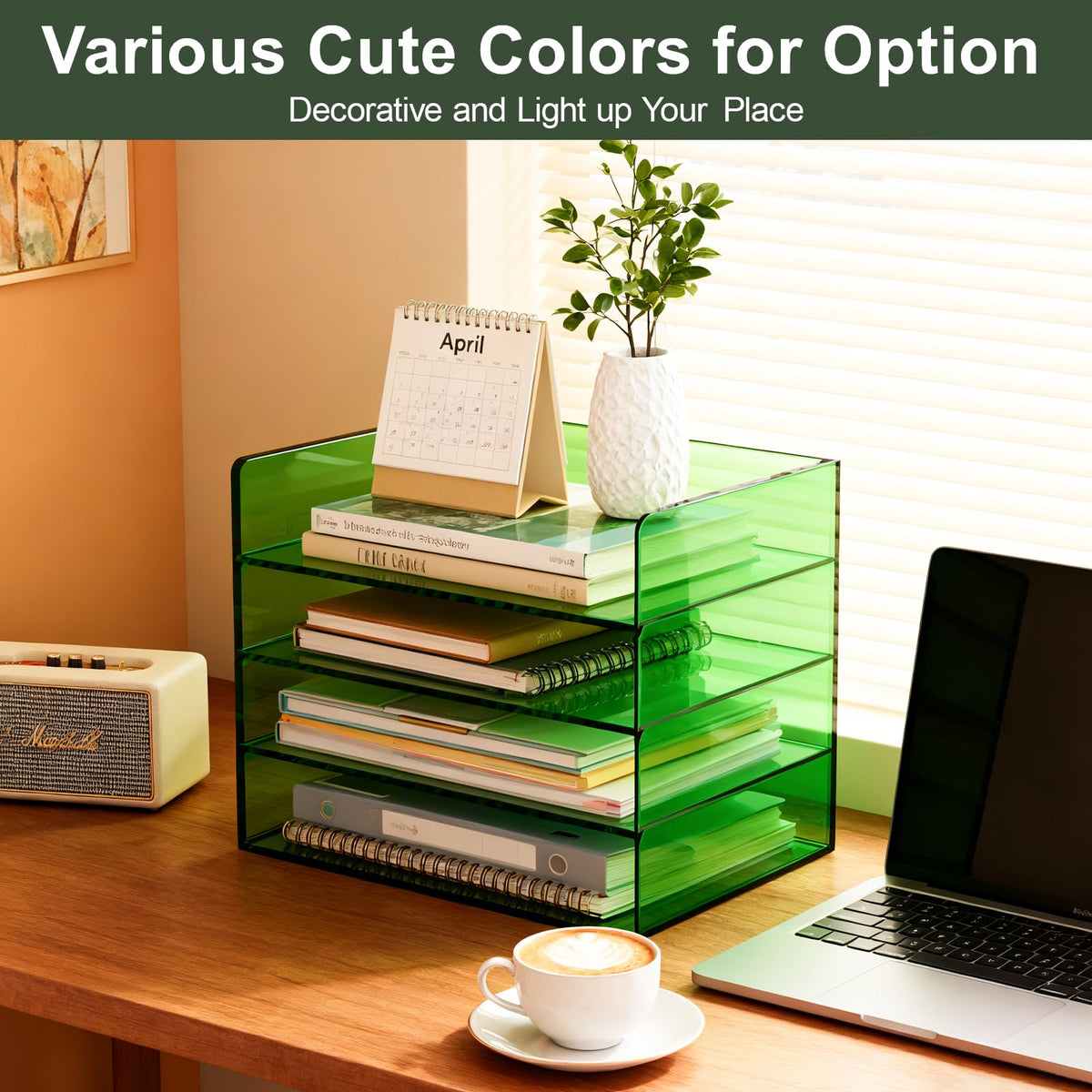 Gelite Acrylic File Organizer for Desk 4 Tiered Stackable Letter Tray Office Paper Storage Desktop Document Sorter, Emerald Green